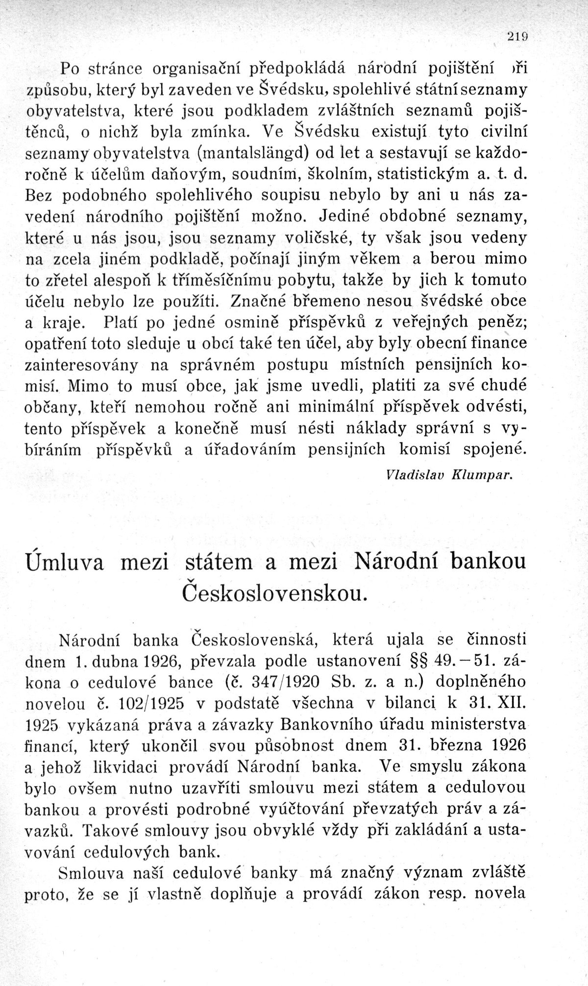 Úmluva mezi státem a mezi národní bankou Československou