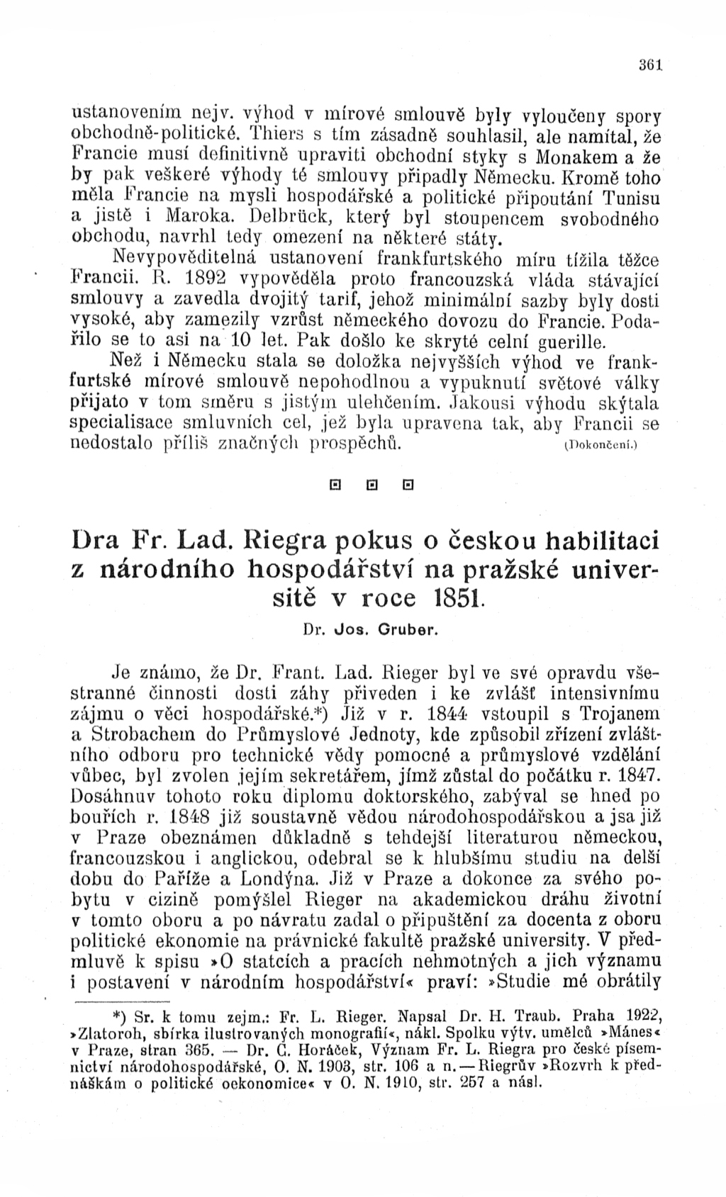 Dra. F.L. Riegra pokus o českou habilitaci z národního hospodářství na pražské universitě v roce 1851